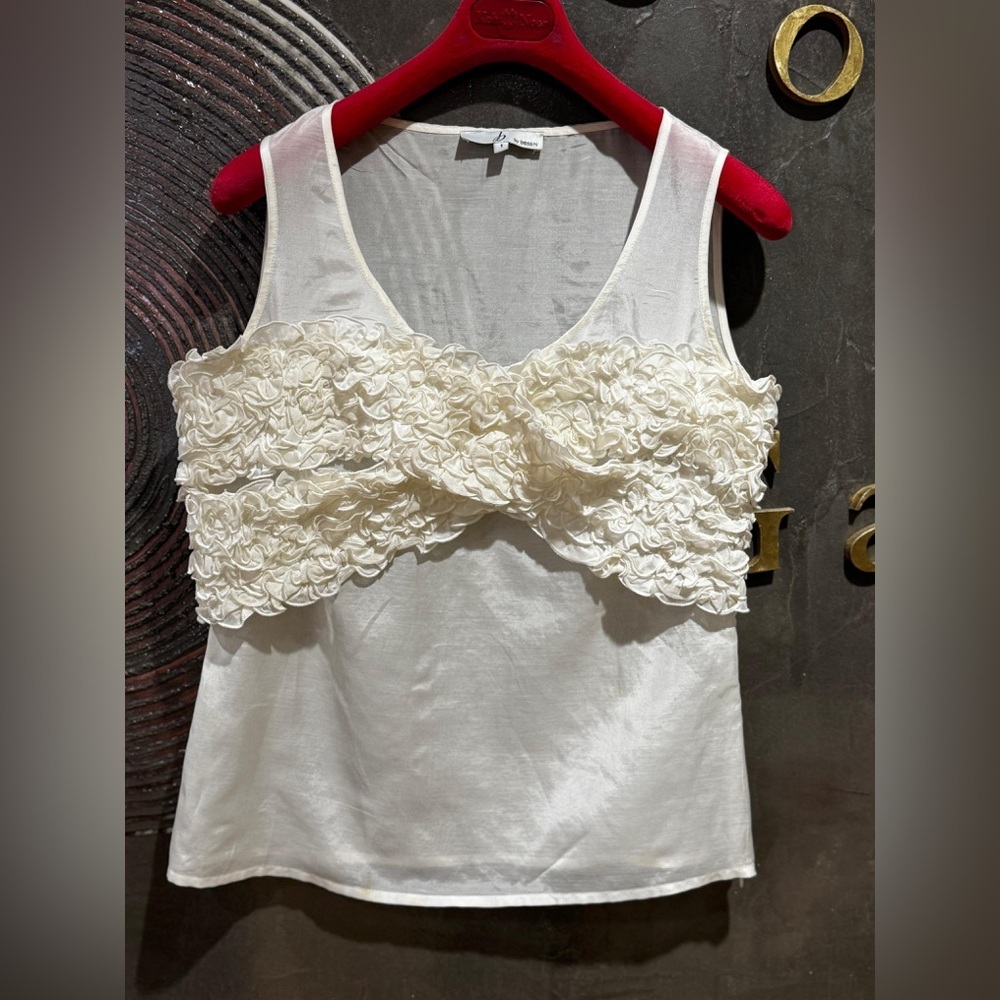 Sheer off white tank top with ruffled bow bust detail size S